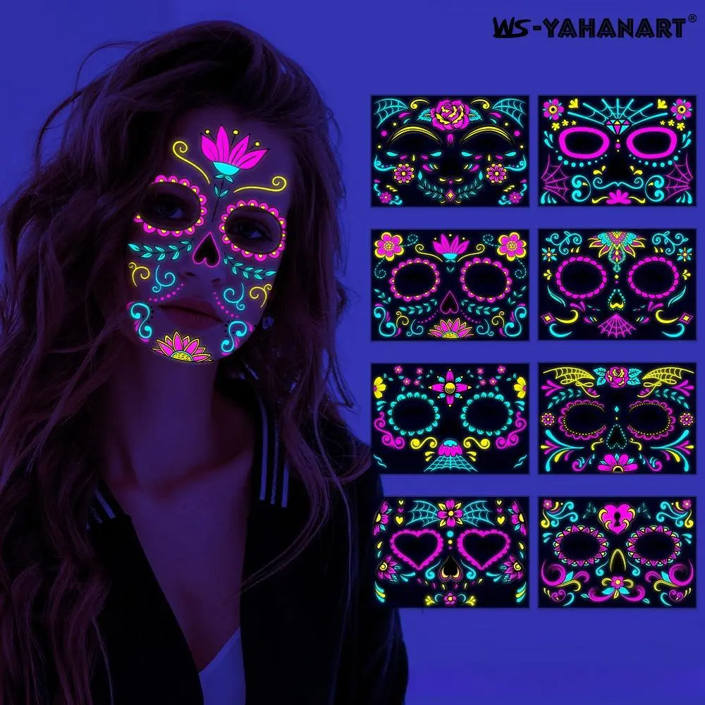 UV Reactive Glow-in-the-Dark Day of the Dead Temporary Tattoos - Sugar Skull Pattern, Skin-Safe Face & Body Stickers for Halloween, Mexican Festival Parties