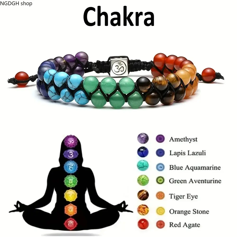Adults' Adjustable 7-Stone Round Crystal Chakra Bracelet - Natural Balance Beaded Wristband, Fashion Accessory for Female, Male (Sports & Outdoor Companion)