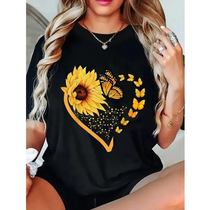 100% Cotton Sunflower Butterfly Heart Summer Floral Girls Women T-Shirt , Machine Washable, Stylish Everyday Top for Spring and Summer breathable