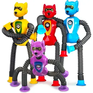 4PC Robot Dog Sensory Pop Tube Travel Toys for Boys Kids Airplane Car Activities Autistic Road Trip Suction Tube Age 3-8 ADHD Autism Easter Basket Stuffers Valentine Giftfidget toys