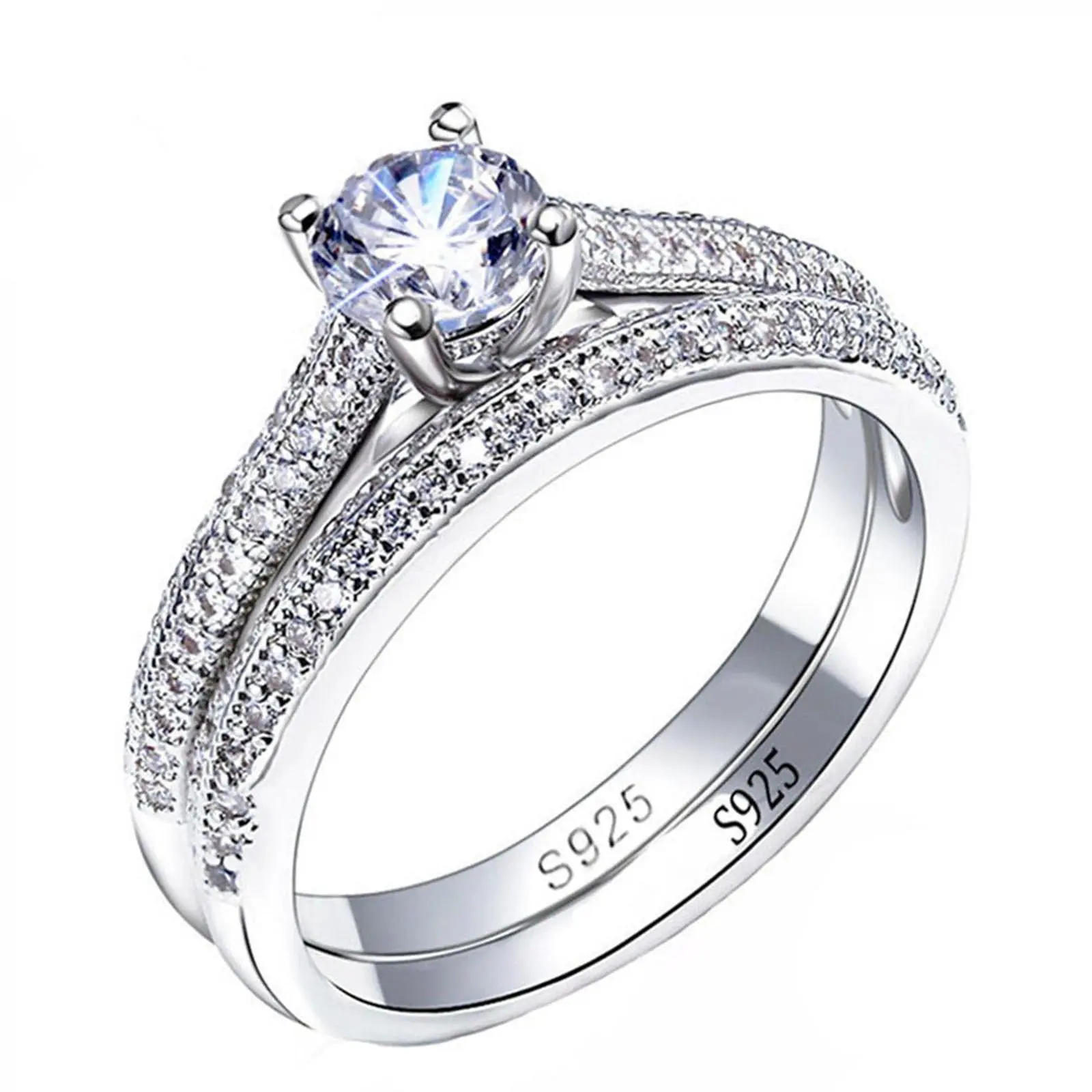 Elegant two‑piece bridal ring set made of S925 sterling silver. Round‑cut center stone with double rows of side pave zircon. Sparkling and classic, ideal for engagement, wedding and anniversary gifts.womens gifts,gifts for women