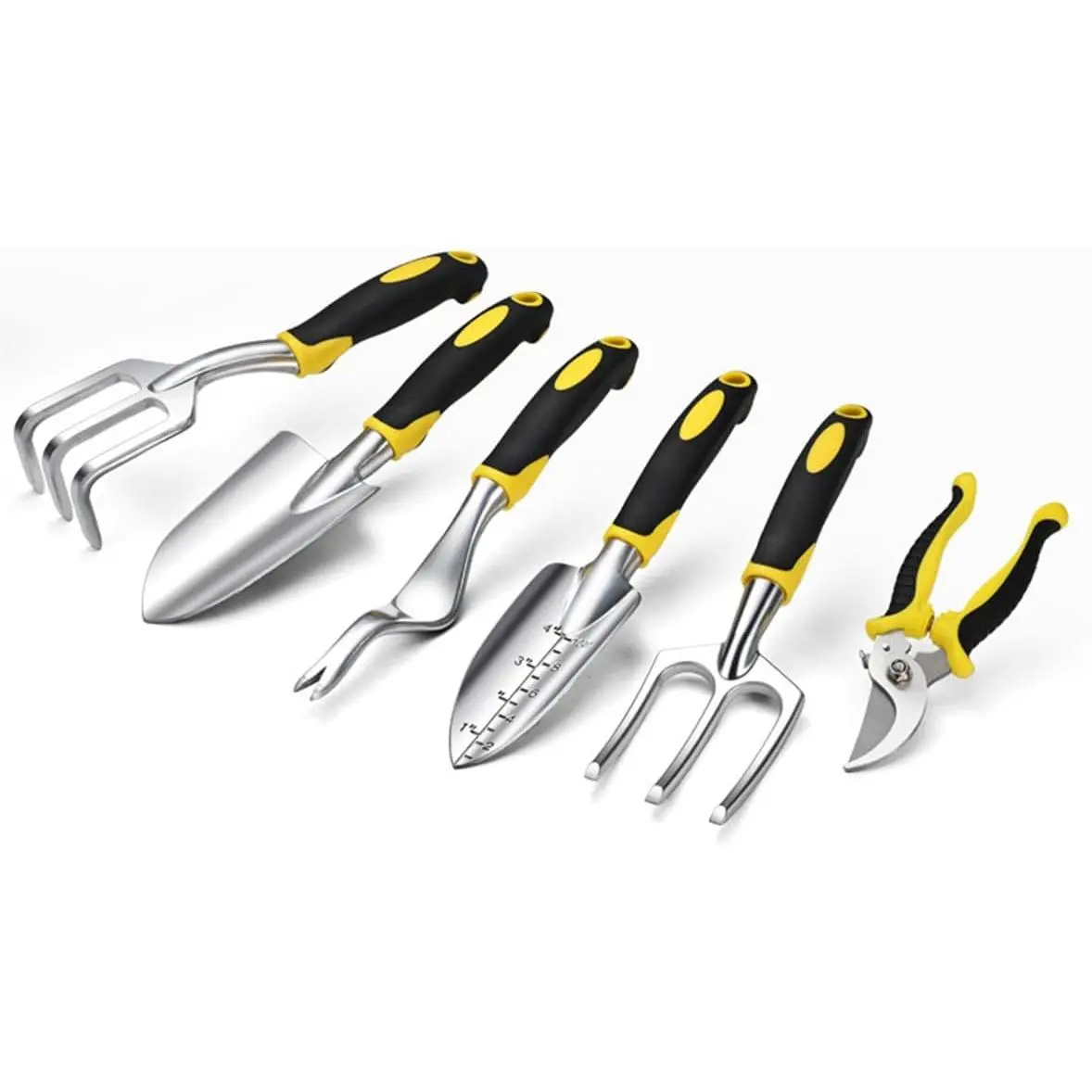 6 count Garden Tool Set, Includes Garden Shovel, Transplant Trowel with 4 inch Depth Marking, Hand Rake, Weed Puller, Garden Fork & Pruning Shear for Planting, Weeding, Pruning (6)