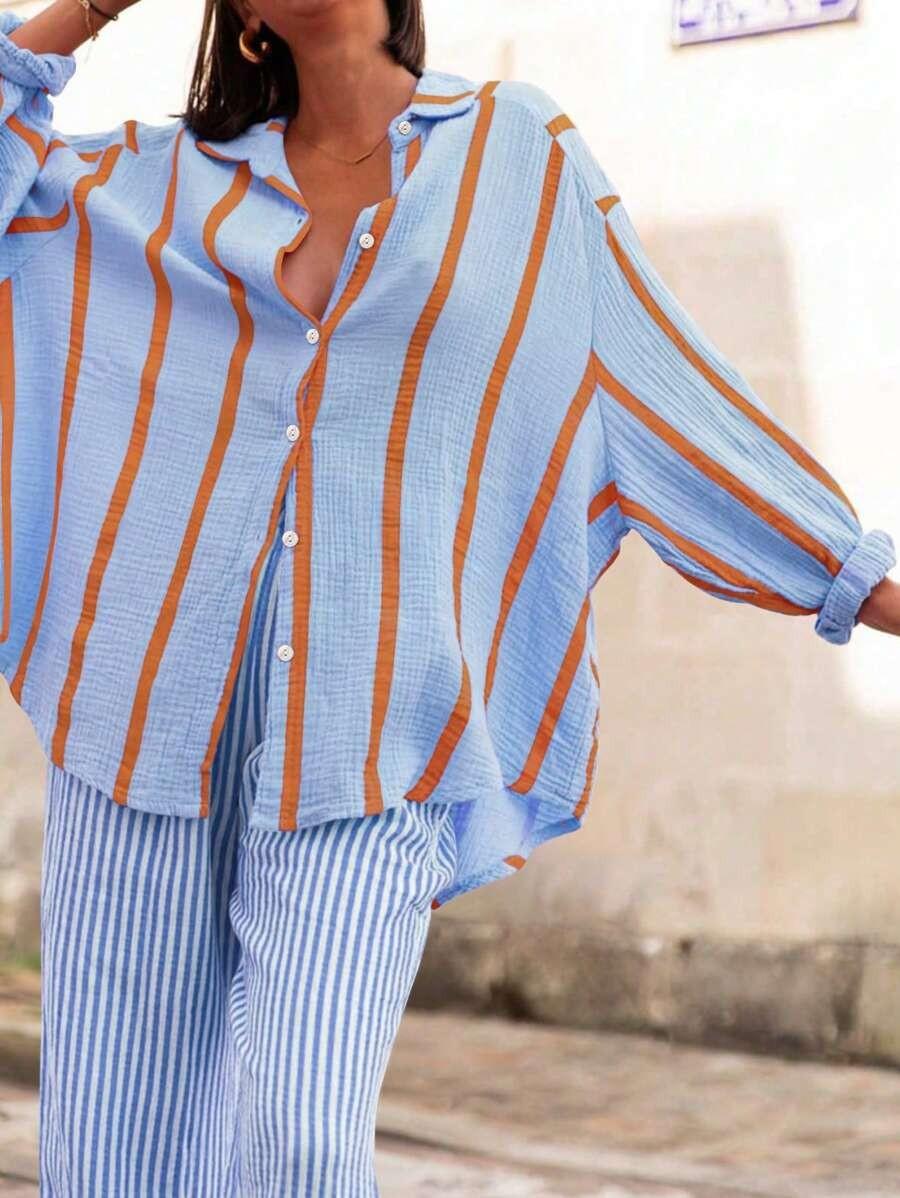 2026 European and American autumn and winter new long-sleeved button-up cardigan women's striped shirt women's vintage striped