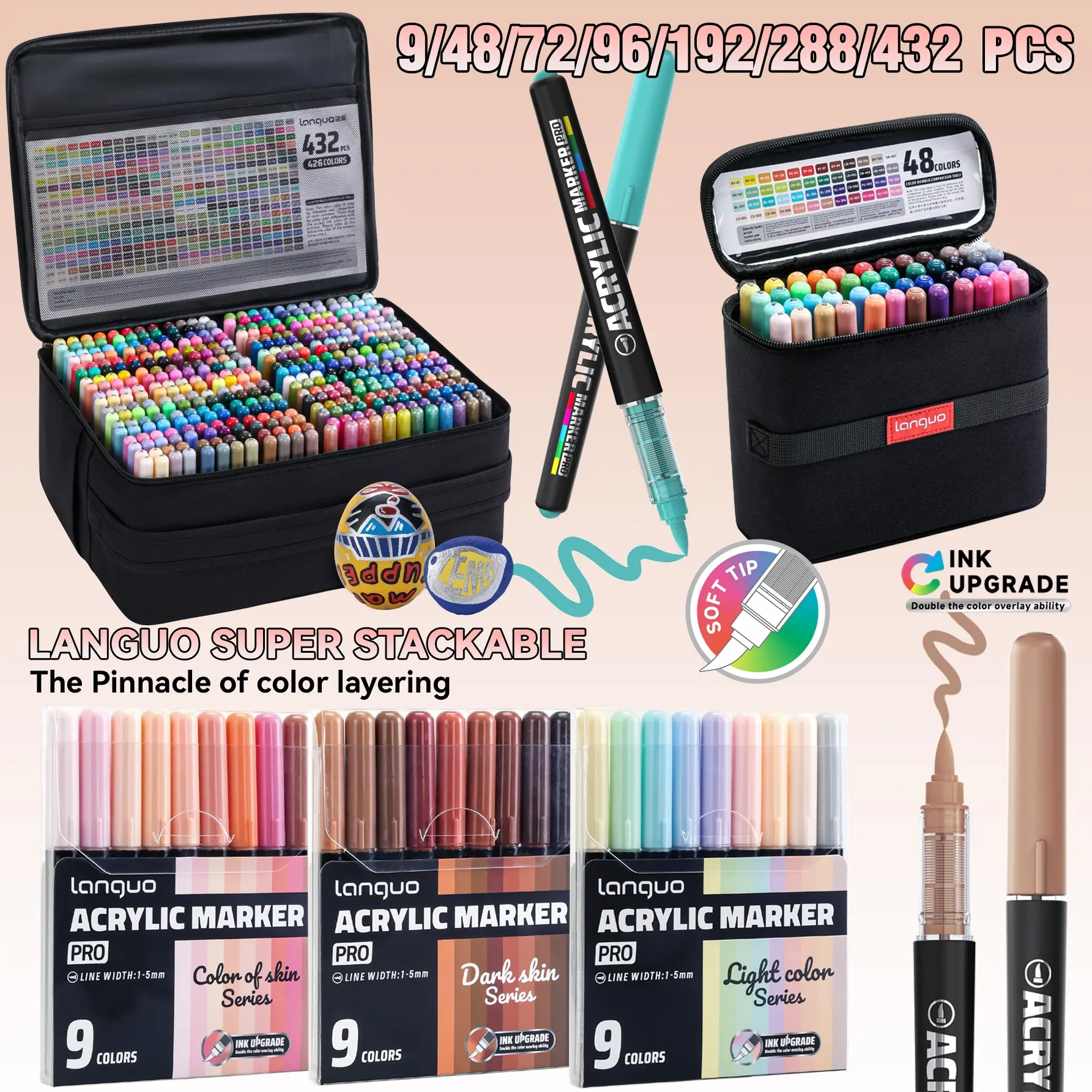 Languo New Color Series Acrylic Marker Pens Set 9-432 Pieces, Enhanced Ink Coverage, Non-Bleed, Multi-Material Use, Fabric Storage Bag Included