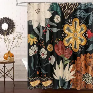 Flower Pattern Waterproof Bath Curtain, Polyester Bohemian Style Bathroom Decorative Curtain, Bathroom Accessory, Home Goods