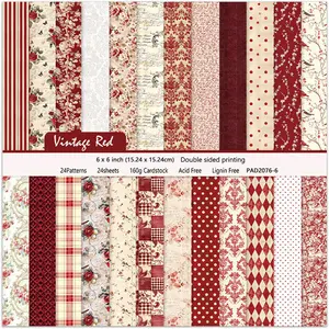 24 Sheets Red Aesthetic Scrapbooking Paper Pad - 6In x 6In Double Sided Flowers Patterns for Photos Album Journals Supplies Decorative Collage Origami DIY Crafts Gifts Wrapping