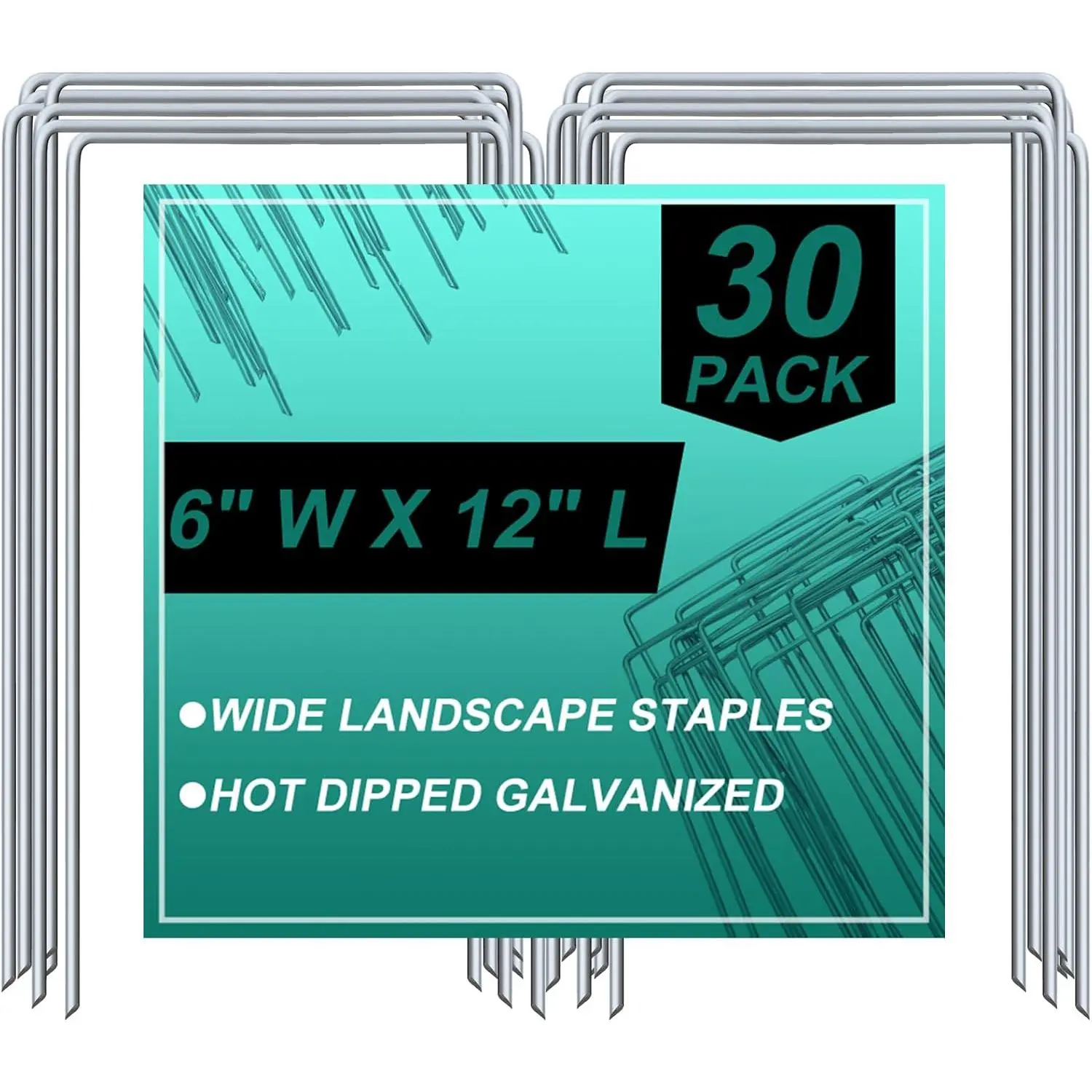 30 Pack Heavy Duty Wide Landscape , 7 Gauge Galvanized Steel Turf Stakes Garden Stakes Bulk, U Type Anchor for Grass, Securing Weed Barrier Fabric, Pipes, Sod (12"x6")