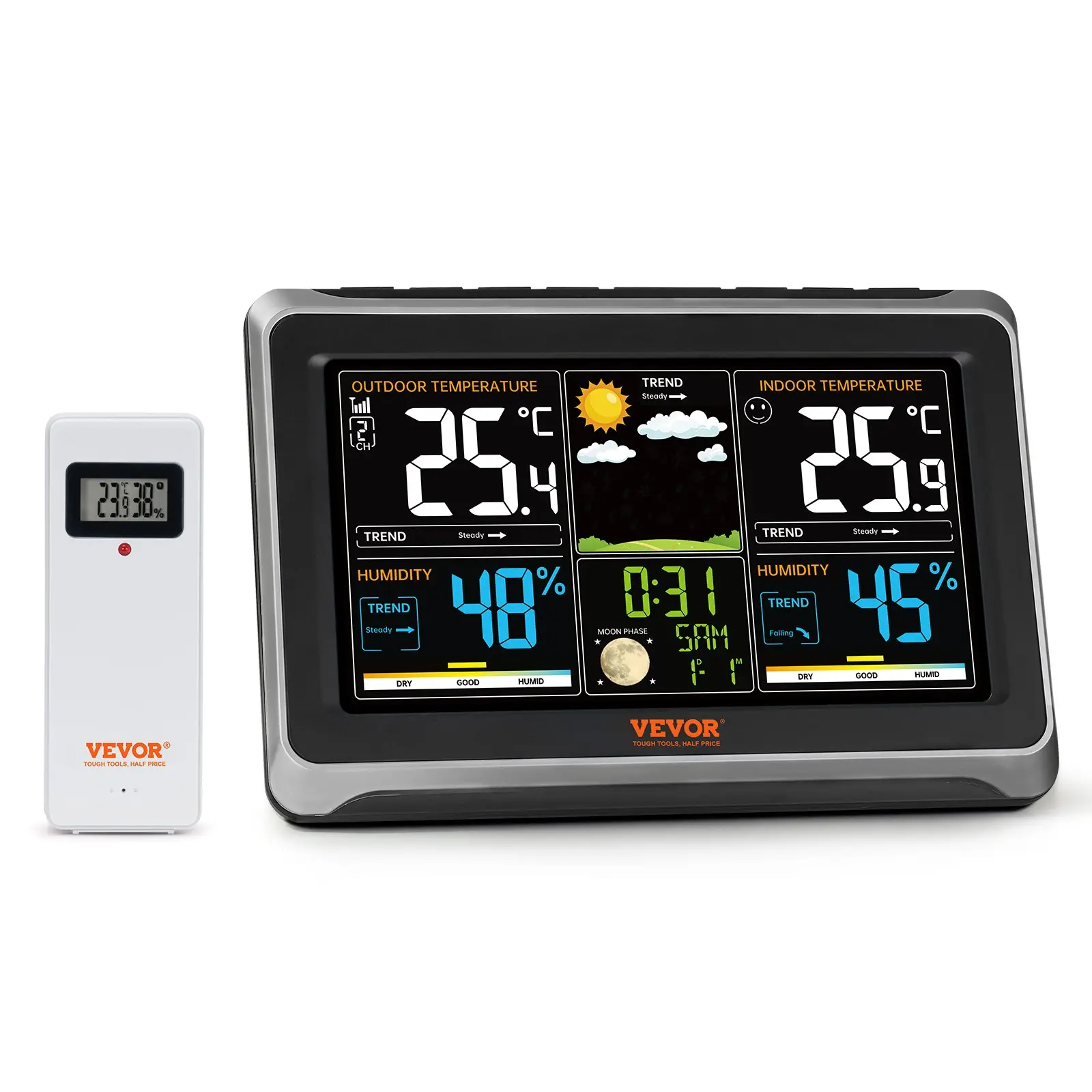 VEVOR Weather Station Indoor Outdoor, 7.5 in Color Display, Wireless Digital Home Weather Station, with Sensor Atomic Clock Adjustable Backlight Forecast Data Calendar Alarm Alert Temperature-NO WIFI