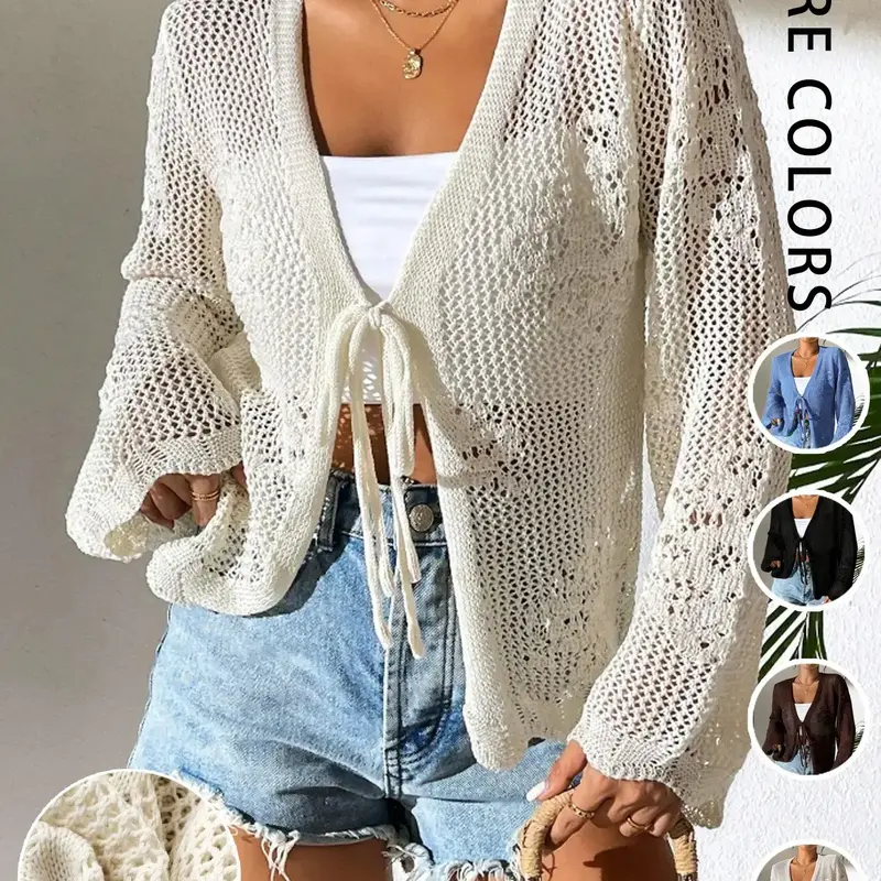 【Black Friday】Women's Solid Color Sheer Tie-Front Knit Cardigan, Casual Elegant Long-Sleeve Cardigan for Daily Wear, Ladies Knit Clothing for All Seasons