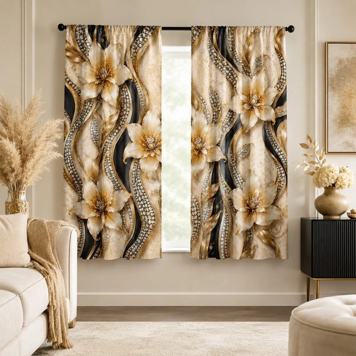 Luxury Gold Lily Curtains Set, 2-Piece Blackout Window Curtain Drapes with Rhinestones, Modern Home Decor for Living Room and Bedroom