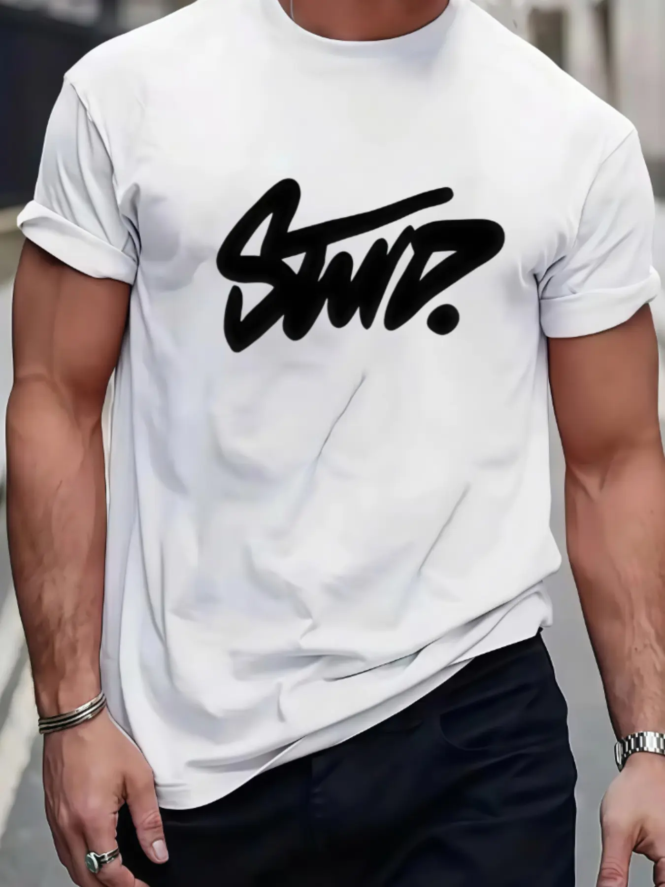 Simple Handwritten Graffiti Stwd Signature Letter Print Short Sleeve, American Streetwear Minimalist Loose Cotton Unisex Round Neck T-Shirt