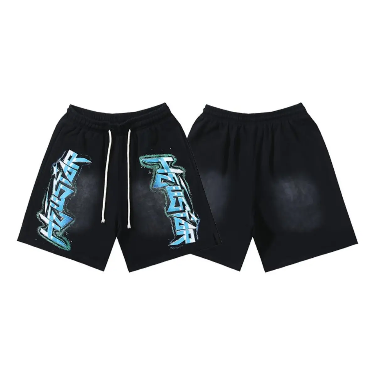 HELLSTAR Men's Summer Breathable Washed Cotton Fitness Shorts - Graphic Letter & Star Pattern, Soft Fabric, Fashionable Streetwear Athletic Casual Bottoms