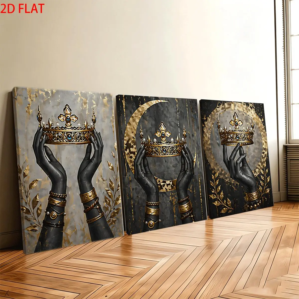 3Pcs Framed 2D Canvas Wall Art Prints, Figure-Holding Gold-Embroidered Crescent Moon & Leaf-Patterned Crown Decor, for Living Room Bedroom, Perfect Birthday Housewarming Holiday Gifts wall decor wall art
