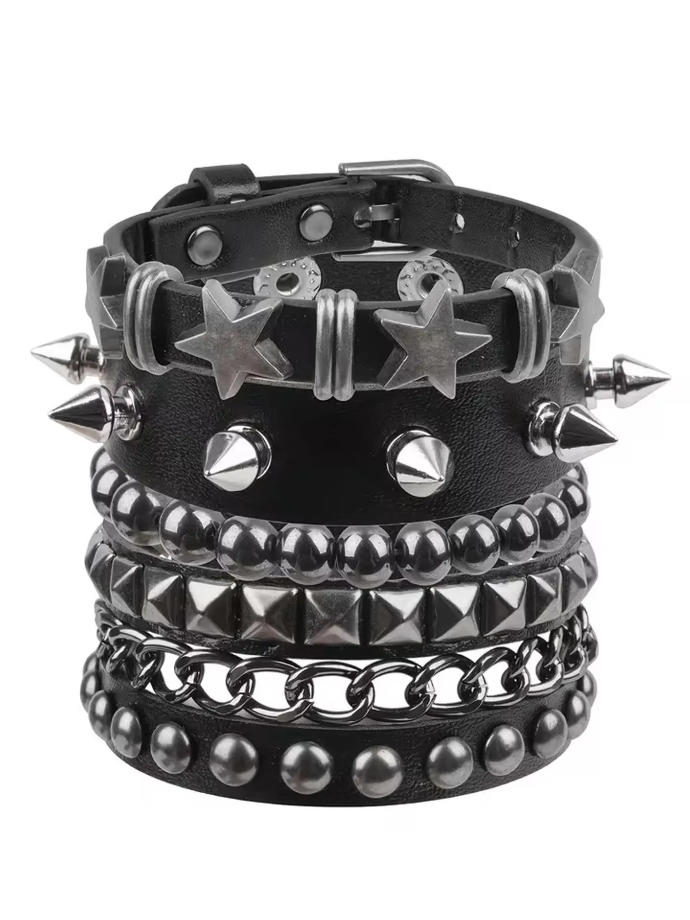 Multi-layer Black PU Leather Bracelet Set, Stackable Bangles with Star Studs, Cone Spikes, Metal Beads & Chain Layers, Adjustable Buckle Punk Rock Gothic Wrist Cuffs, Harajuku Y2K Statement Stackable Wrist Jewelry for Women Men, Ideal for Rock Concert
