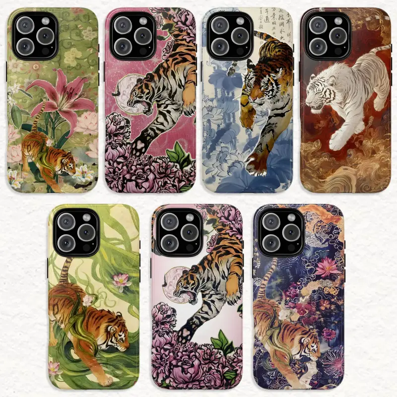 Vintage Traditional Asian Tiger Collage Art Printed Phone Case - Custom Premium Smooth Hard Shell, Shockproof Anti-Drop Scratch-Resistant Protection, Wireless-Charging Compatible, Trendy Fashion Accessory for Animal Art Fans, Fits iPhone 13/14/15/16/17