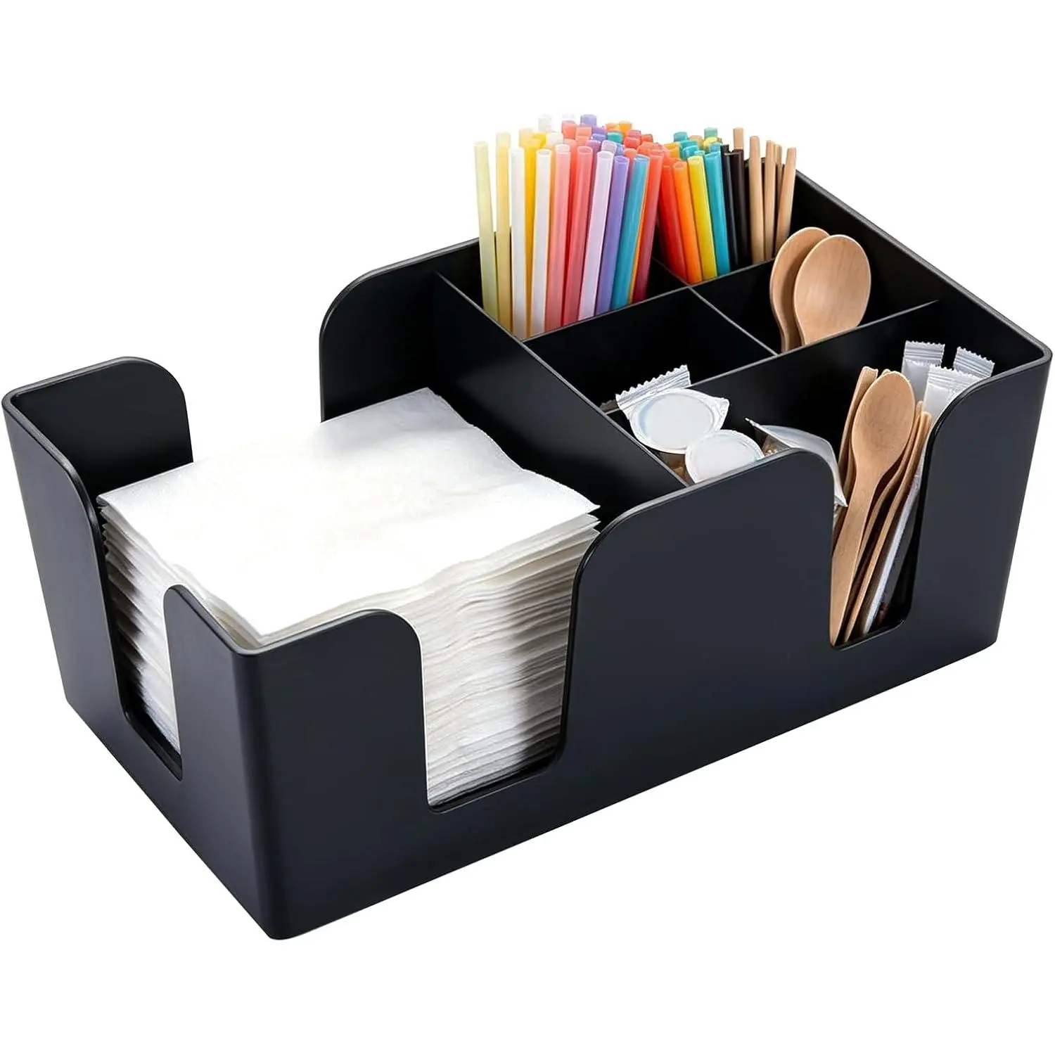 Bar  with 6 Compartments, Plastic Bar Organizer, Napkin Holder | Straw Organizer & Condiment , Refillable Countertop Organizer for , Kitchen, Bar, 9.5" x 5.75"