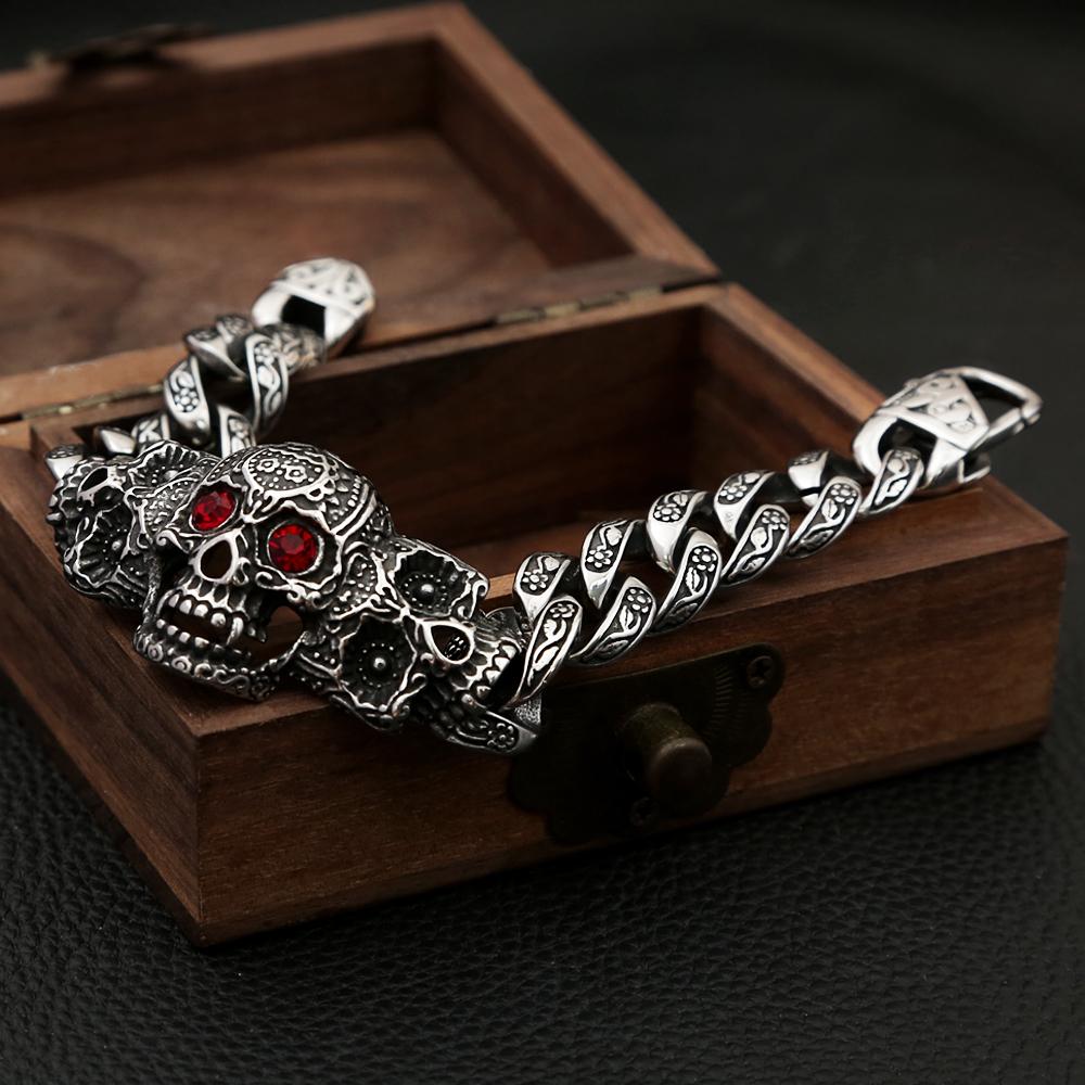 Vintage Domineering 316L Stainless Steel Skull Bracelet With Red Stone Eyes Bangles Punk Hip Hop High Quality Jewelry Wholesale
