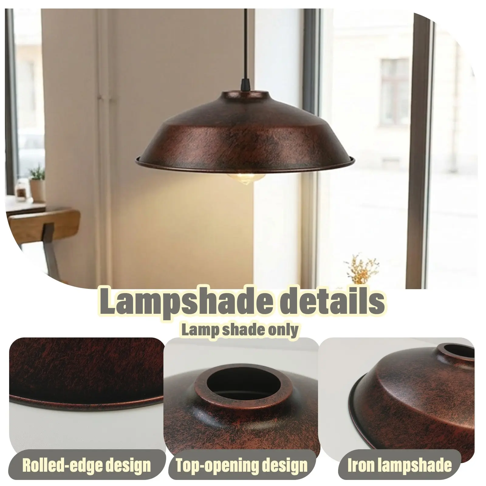 Vintage Copper Wide Brim Metal Lampshade, Rustic Iron Art Pendant Light Cover, Industrial Farmhouse Decor, Universal Fit, Anti-Rust
