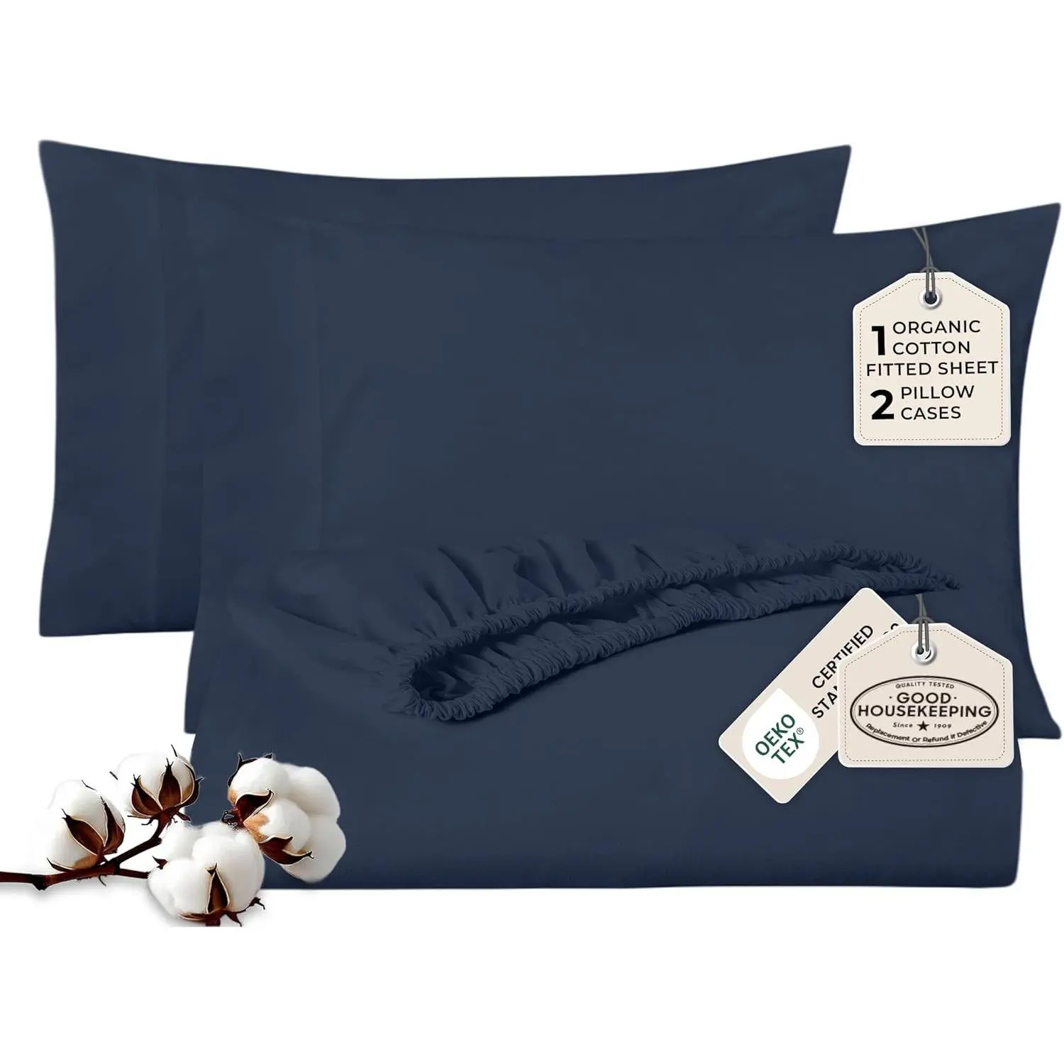 ROYALE LINENS Twin XL Fitted Sheet & 1 Pillowcase Set - 300 TC 100% Organic Cotton, Hotel-Quality Elastic, Soft Breathable Navy, Fits Up to 18" Deep Mattress (No Flat Sheet)