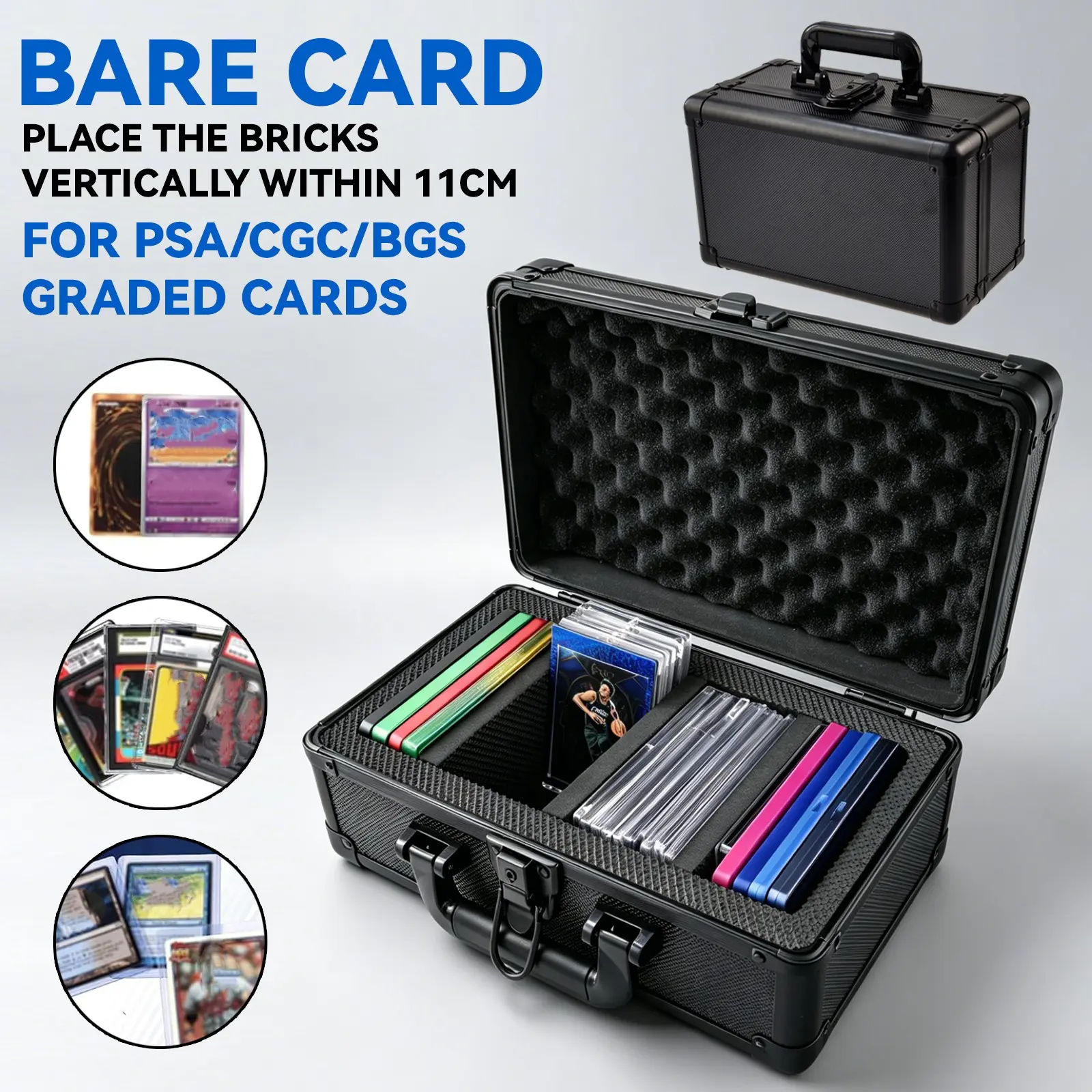 1pc Removable 3pcs Foam Divides Graded Card Storage Box Case With Lock, Collector Cards Box, Card Boxes For Sports Cards, Aluminum Alloy Case for PSA BGS CGC Slabs & Bumper Guard, Lockable Carrying Case for PTCG TCG Sports Games Trading Cards