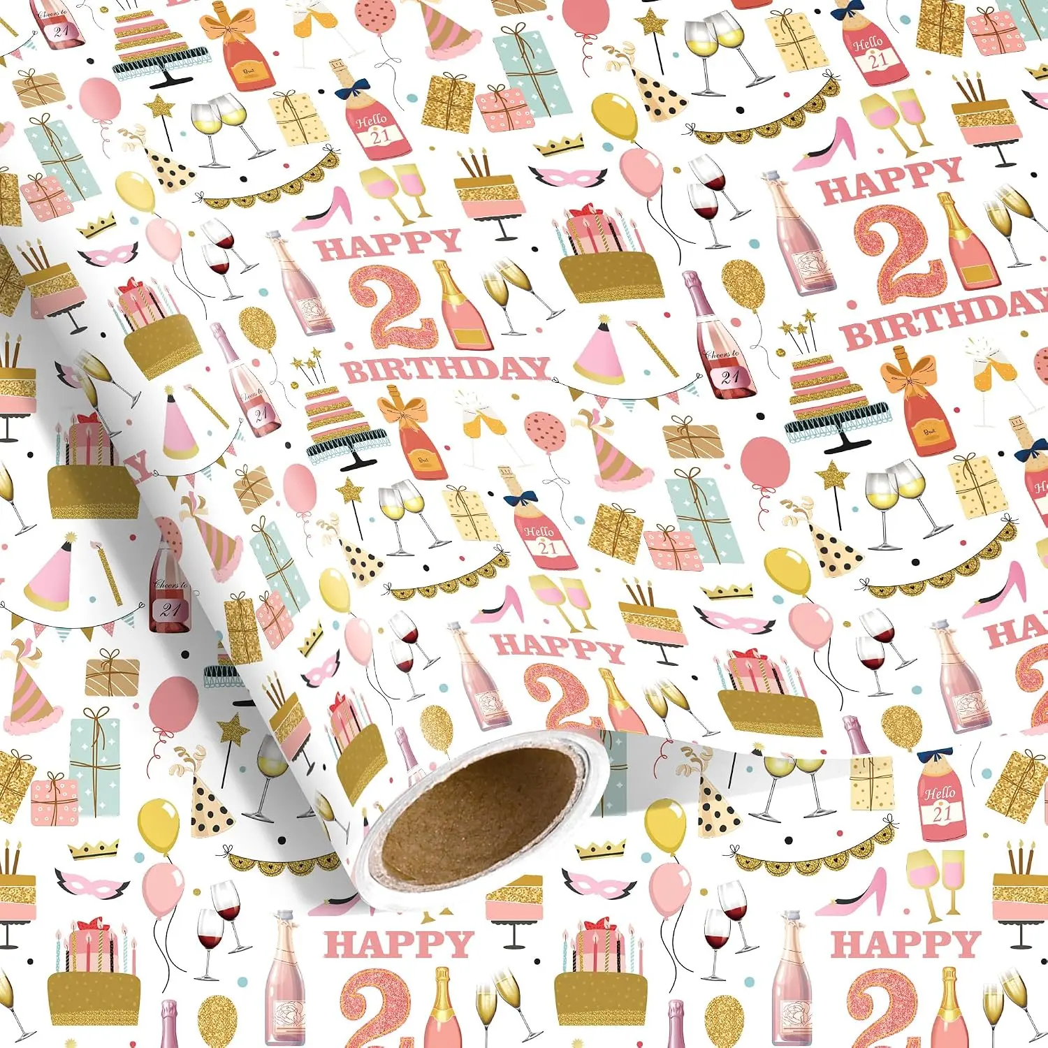 21st Birthday Wrapping Paper Roll for Girls, 17 In x 16.4 Ft, Mini Roll -  Champagne Balloons Happy Birthday Wrapping Paper with Cake Cheers to 21,  for Girls  Theme Party