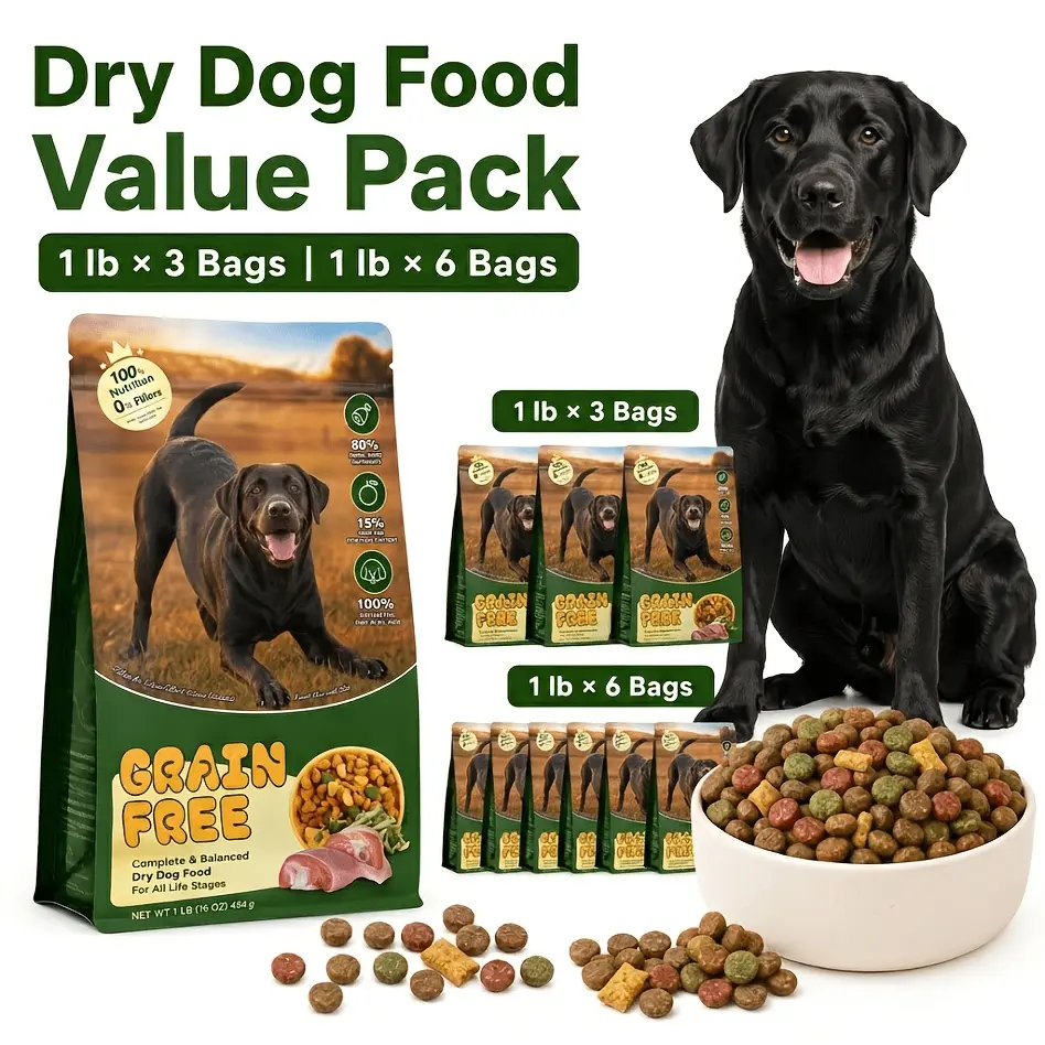 Dry Dog Food Value Pack, Crunchy Kibble for Daily Feeding, Resealable Bags, 1 Lb X 3 Bags Or 1 Lb X 6 Bags, Easy to Serve Dog Food for Small, Medium And Large Dogs