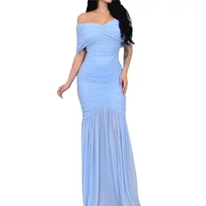Women's Grad uation Dress - Slim Fit Off Shoulder Evening Dress Bump Friendly Ruched Mermaid Hem Maxi Dress for Wedding Guest, Formal Event & Special Occasion