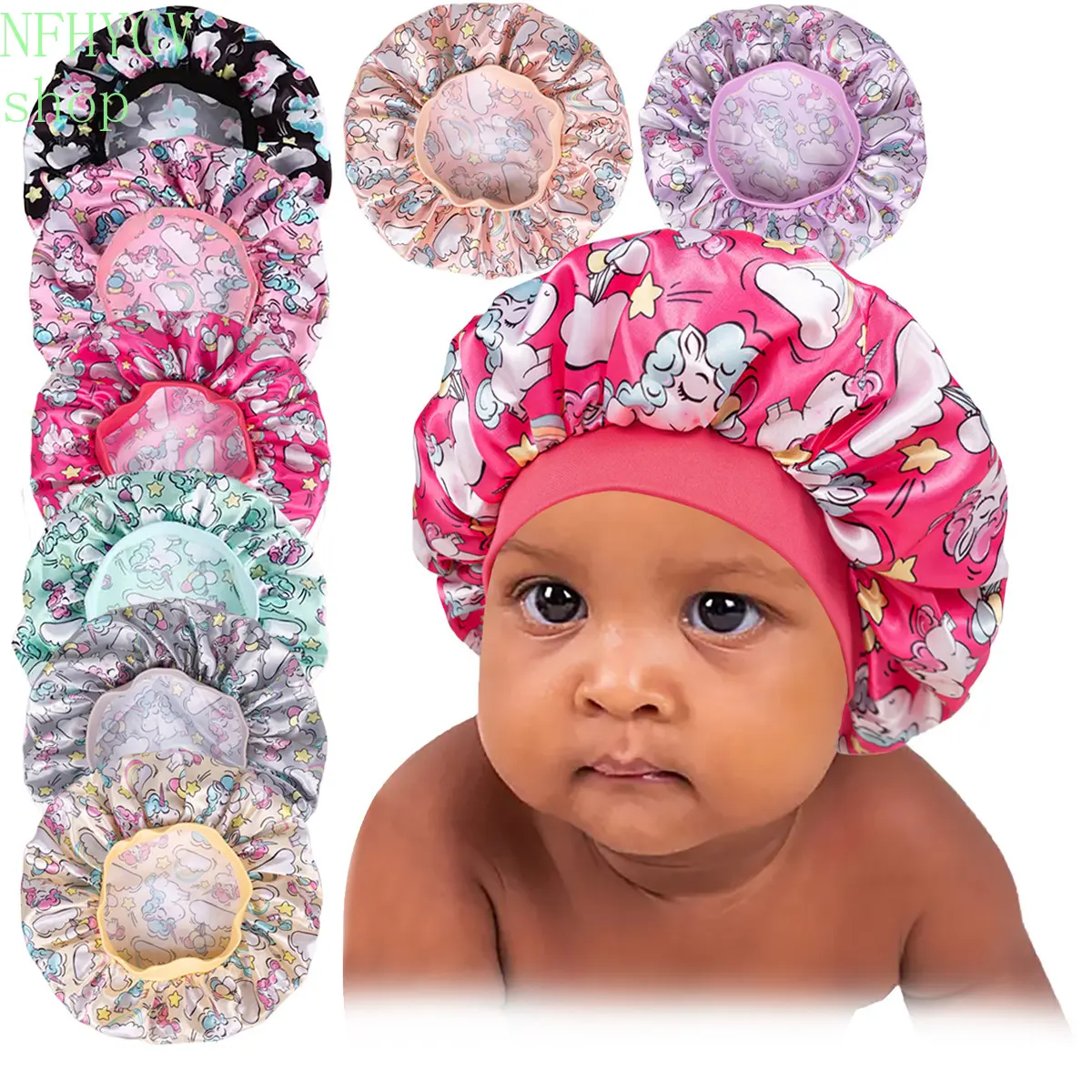 Kids Satin Bonnet Sleep Cap, Cartoon Unicorn Printed Toddler Hair Bonnet With Elastic Wide Band, Soft Silk‑Like Night Hair Cover For Baby Girls Protect Hair For Sleeping Bath Daily Hair Care