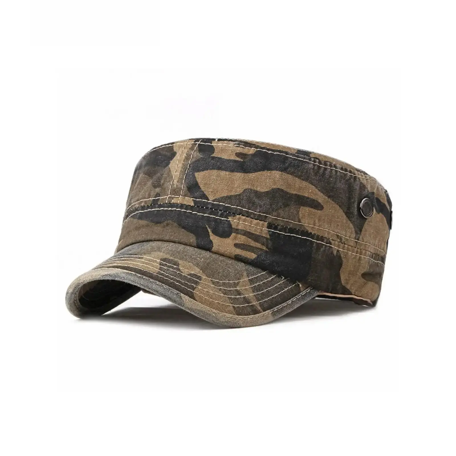 Vintage Military Cap in Camouflage Print, Adjustable Cadet Style Flat Top for Female & Male, Unisex All Seasons Wear, One-Size,back to school,back to school haul
