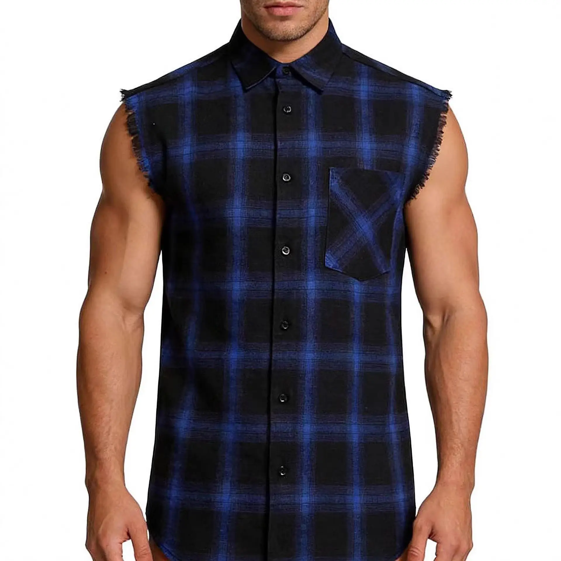 Mens Sleeveless Plaid Vest Shirt Trendy Fashion Men's Clothing Casual Button Front Pocket Sleeveless T-shirt Top Vintage Raw Edge Fringe Plaid Sleeveless Shirt Versatile Street Trend Men's Fashion Sleeveless Vest Daily Wear Loose Fit Male Plaid T Shirt