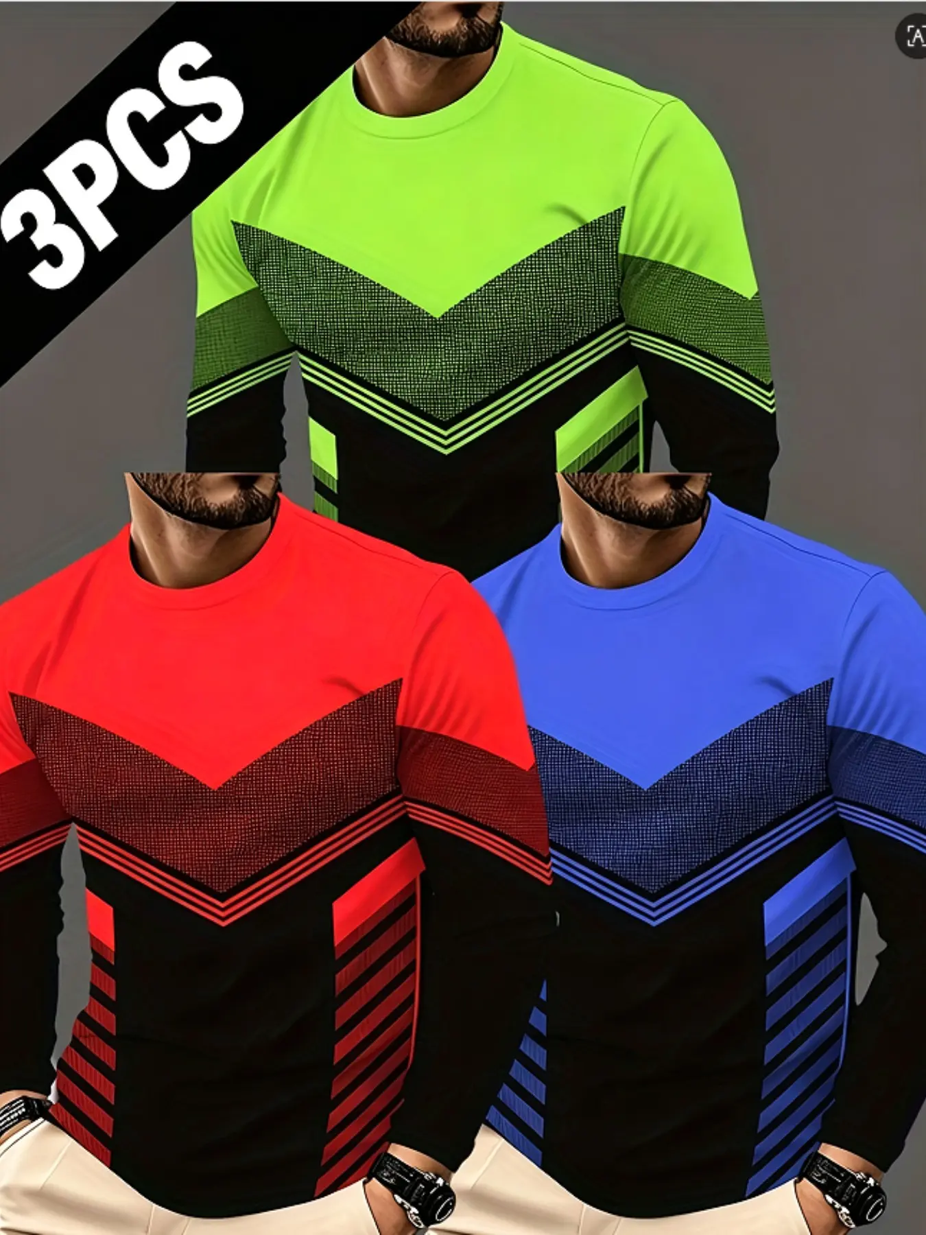 3Pcs Men Color Block Chevron Grid Striped Long Sleeve T Shirts Crew Neck Geometric Print Casual Daily Streetwear Multipack Tops