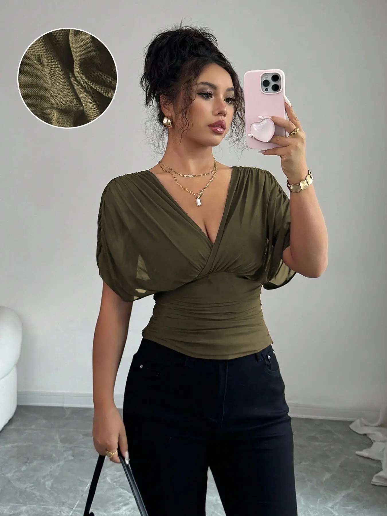 Women's Deep V Folded Waist Top, Elegant Batwing Short Sleeve, Slim Fit Bodycon Shirt, Sexy Ladywear for Stylish