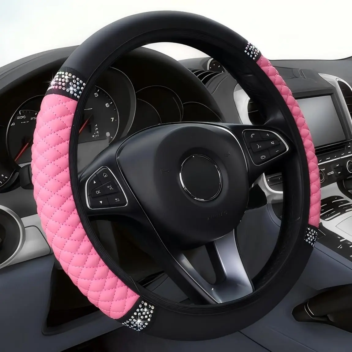 Women's Soft Leather Blend Steering Wheel Cover, 14.5–15" Dia., Anti-Slip Grip, Heat-Resistant, Sparkly Rhinestones, Elastic Fit for Cars/SUV/RVs