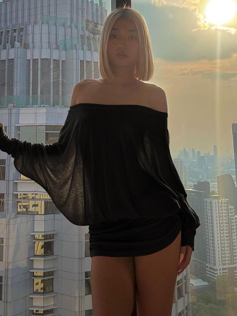 Women's Solid Off-The-Shoulder Long Sleeve Dress, Fashion Casual Sheer Dress for Party Club Dating Wear, Women's Dress for Spring & Fall
