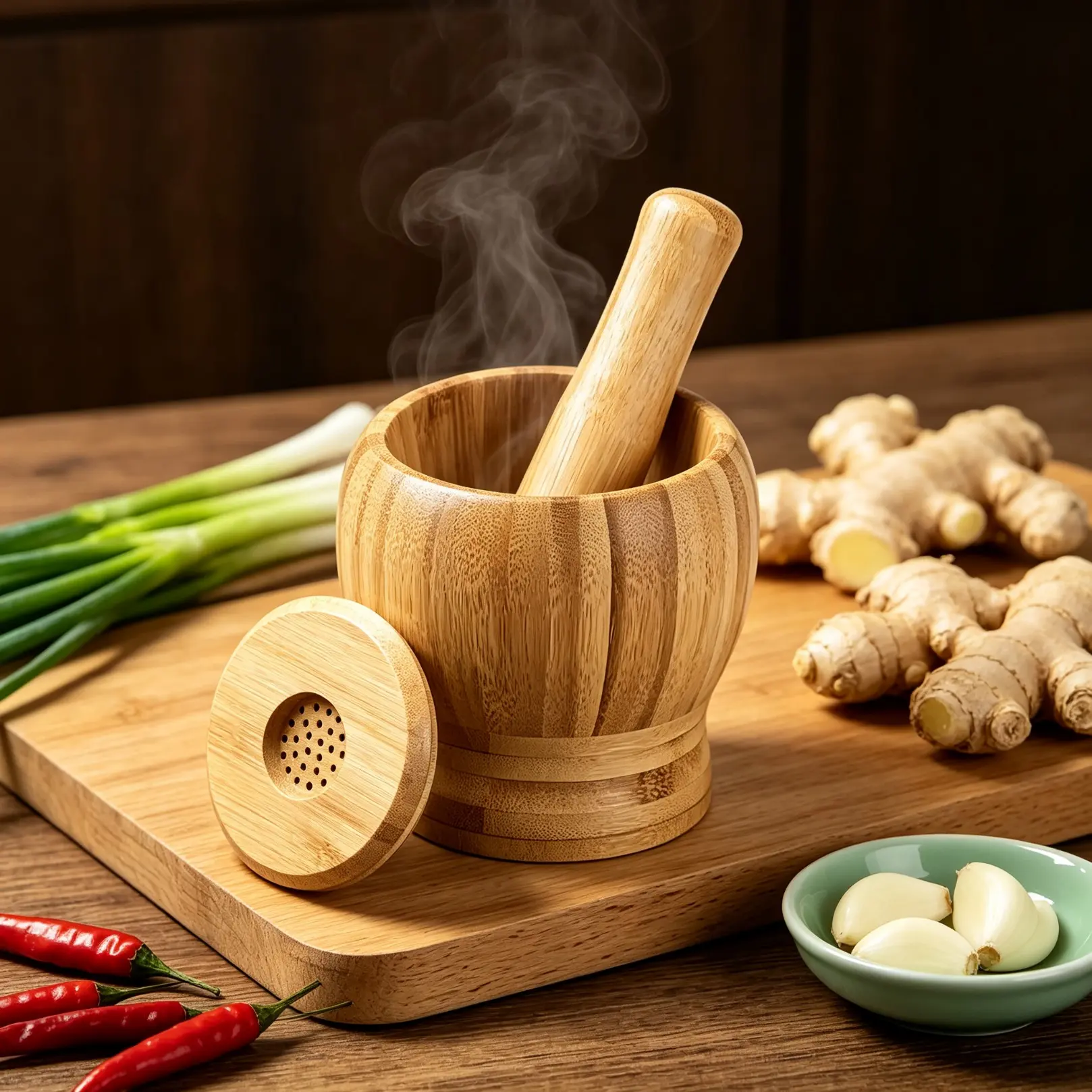 Natural Bamboo Mortar and Pestle Set with Dust-Proof Lid, Hand-Crushed Spice Grinder Kitchen Utensil for Mashing Garlic, Herbs, Ideal for Homemade Sauces & Daily Prep