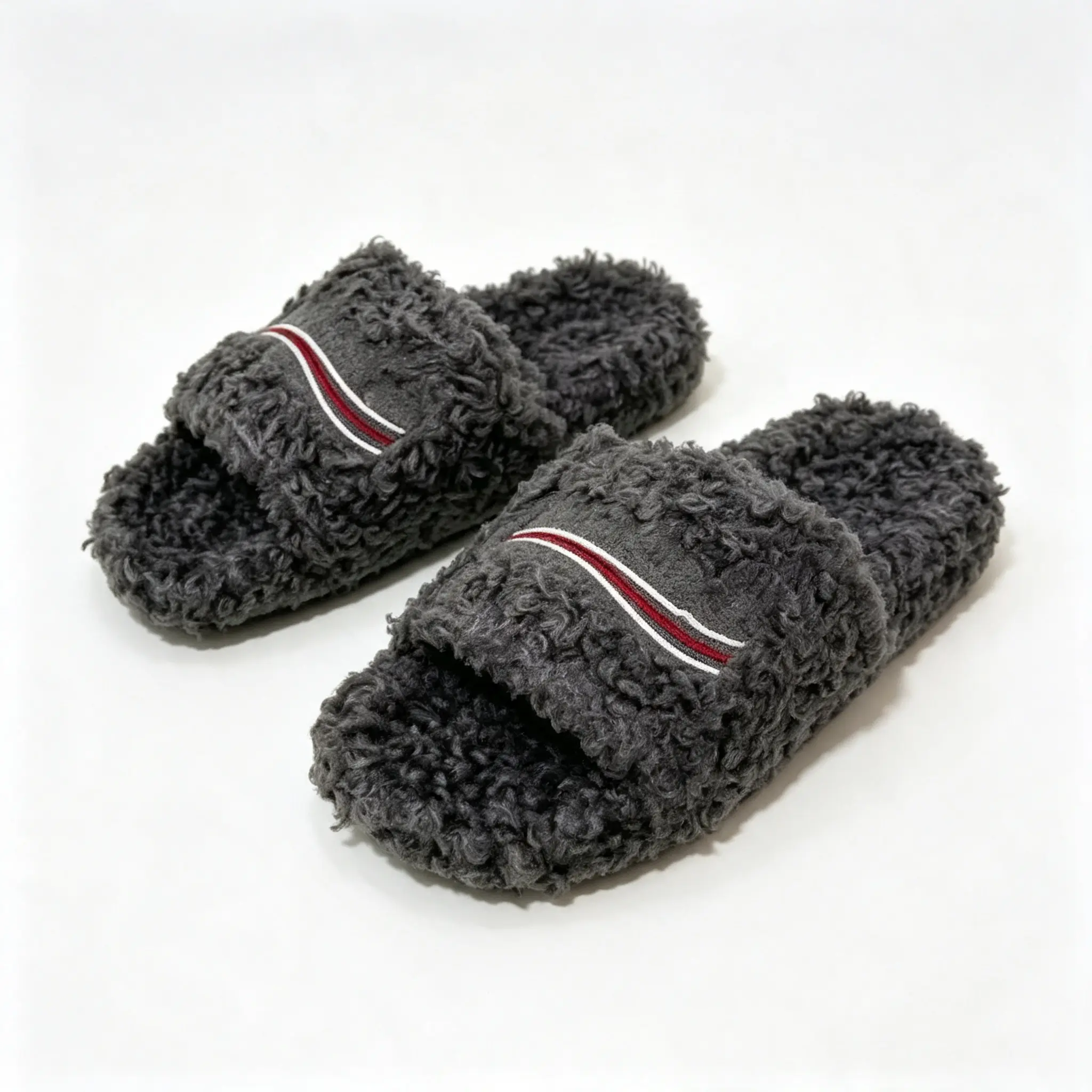 Dark Gray Curly Fuzzy Slide Slippers, Striped Decor Open Toe Fluffy Plush Slides, Warm Cozy Slip On Indoor House Slippers, Fashion Casual Winter Comfort Footwear for Indoor & Brief Outdoor Wear
