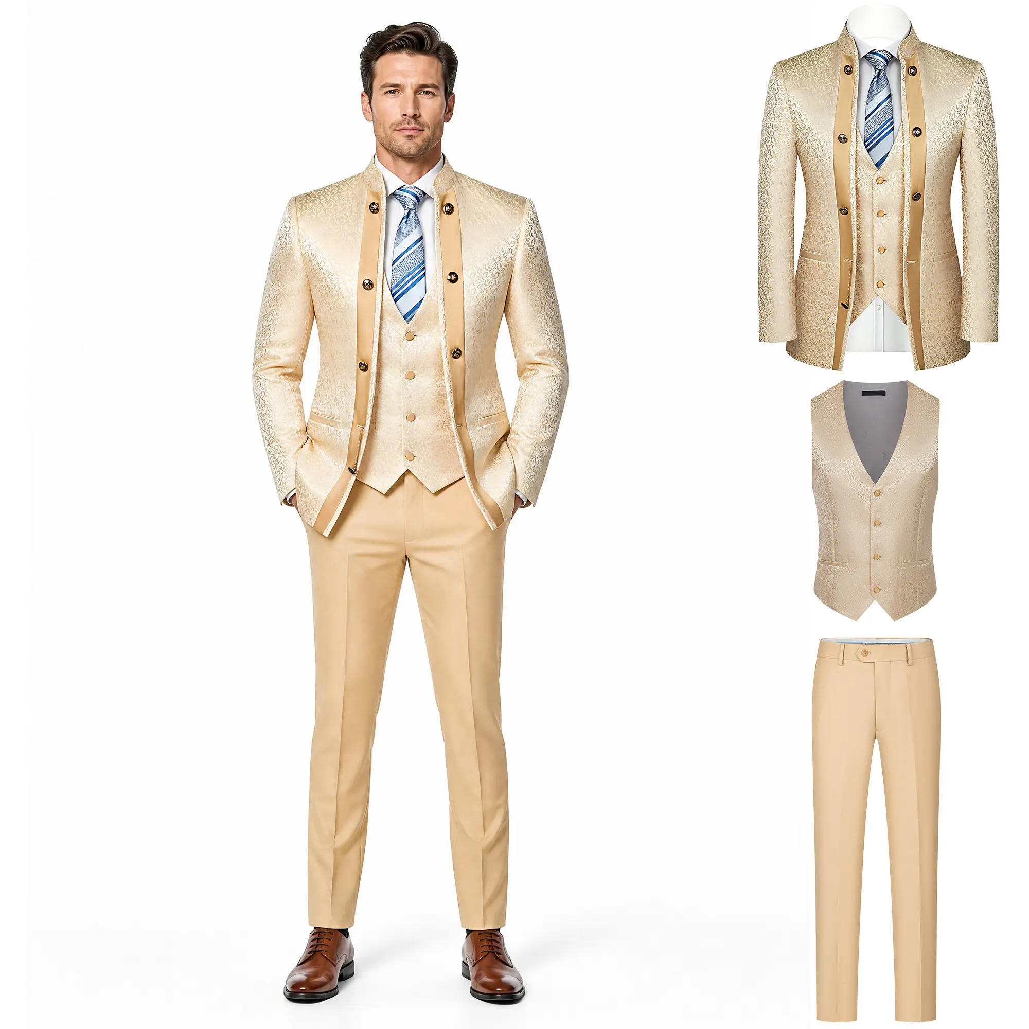 Jacquard 3 Piece Suit For Men WITH FREE BOW TIE - Prom Wedding Formal