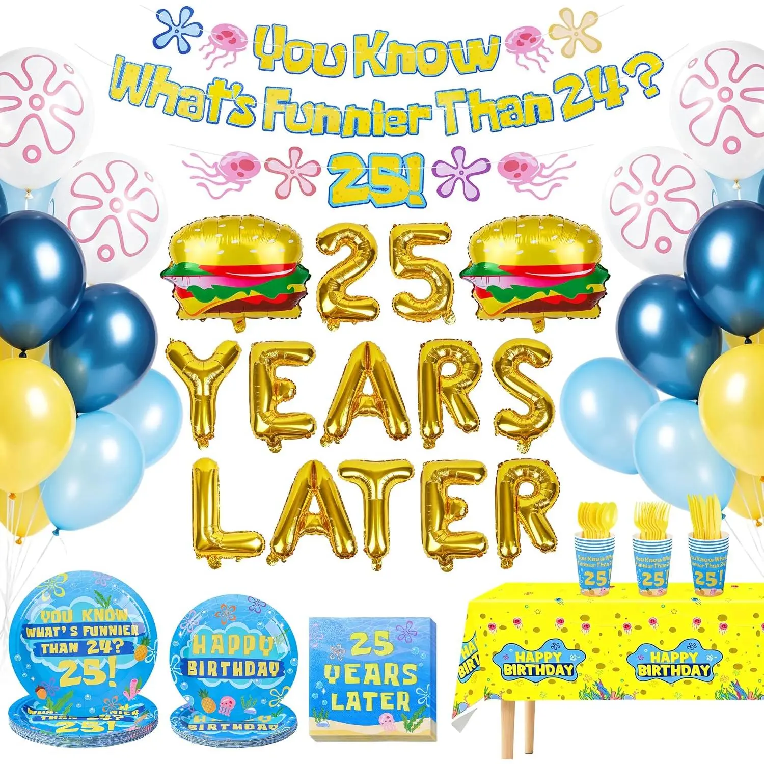 245PCS Blue Ocean 25th Birthday Sponge Party Decorations Kit - Disposable Plastic Set with Banner, Balloons, Tableware, Plates, Napkins, Cups, Tablecloth for Under the Sea Themed Gifts & Celebrations, Disposable Items