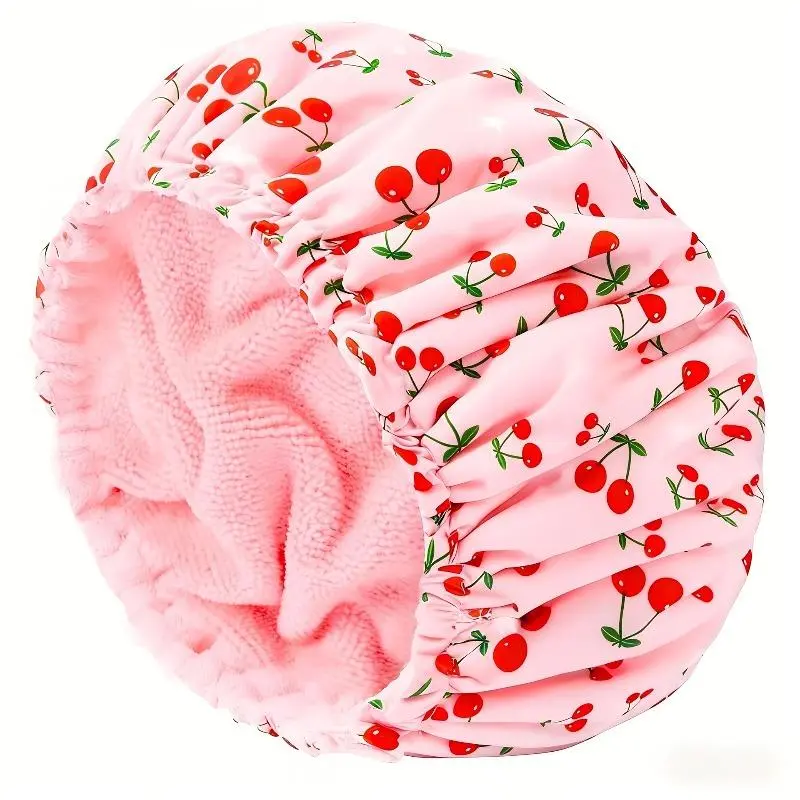 Unisex 3pcs Reusable Shower Caps Set for Adults - High-Grade Polyester European Style, Anti-Fog Microfiber Cherry, Adjustable Waterproof Shampoo Cap, Bathroom Accessory, Sports Headband for Daily Hair Protection