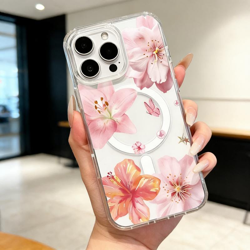 Magnetic Soft Case for iPhone11/12/13/14/15/16/17 Pro Max, Pink Flowers MagSafe Compatible, transparent phonecase stuff,Aesthetic Pattern Design,cutephonecases  iPhone Case