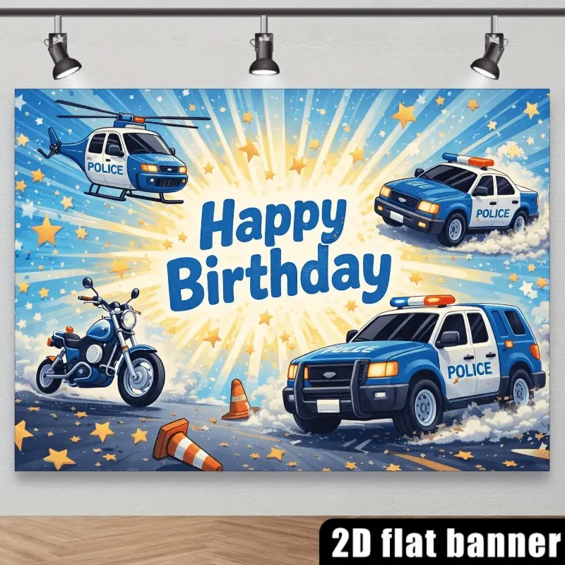 2D Flat Police Car Birthday Banner | Single-Sided Polyester | Metal Grommets for Easy Hanging | Police Patrol Cars, Helicopter & Racing Motorcycle Theme | Perfect for Kids Birthday Parties, Photo Booth Backdrops & Cake Table Decor