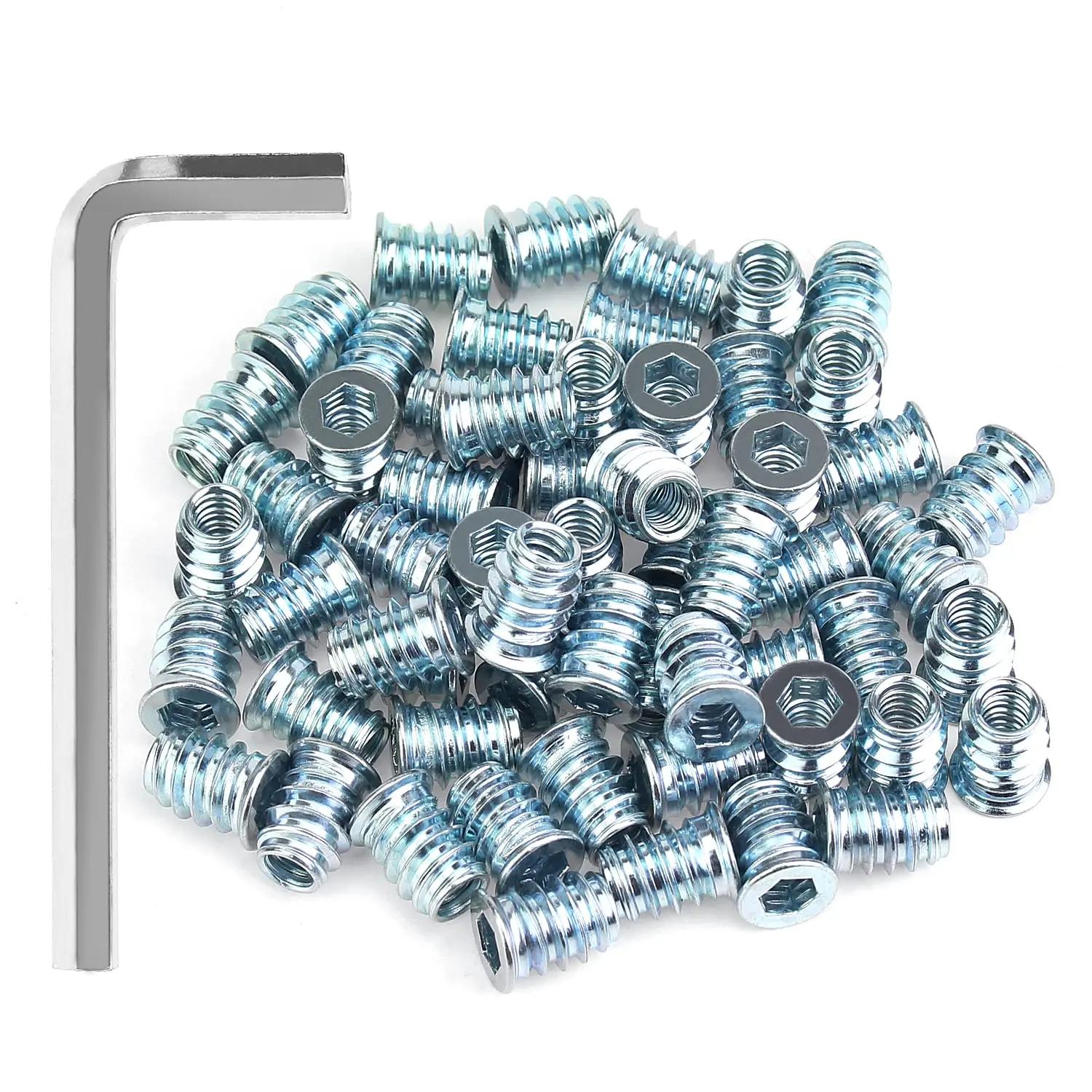 60 count 1/4"-20 x 15mm Threaded Inserts with Hex Wrench for  Furniture, Blue Zinc Plated Carbon Steel Inserts