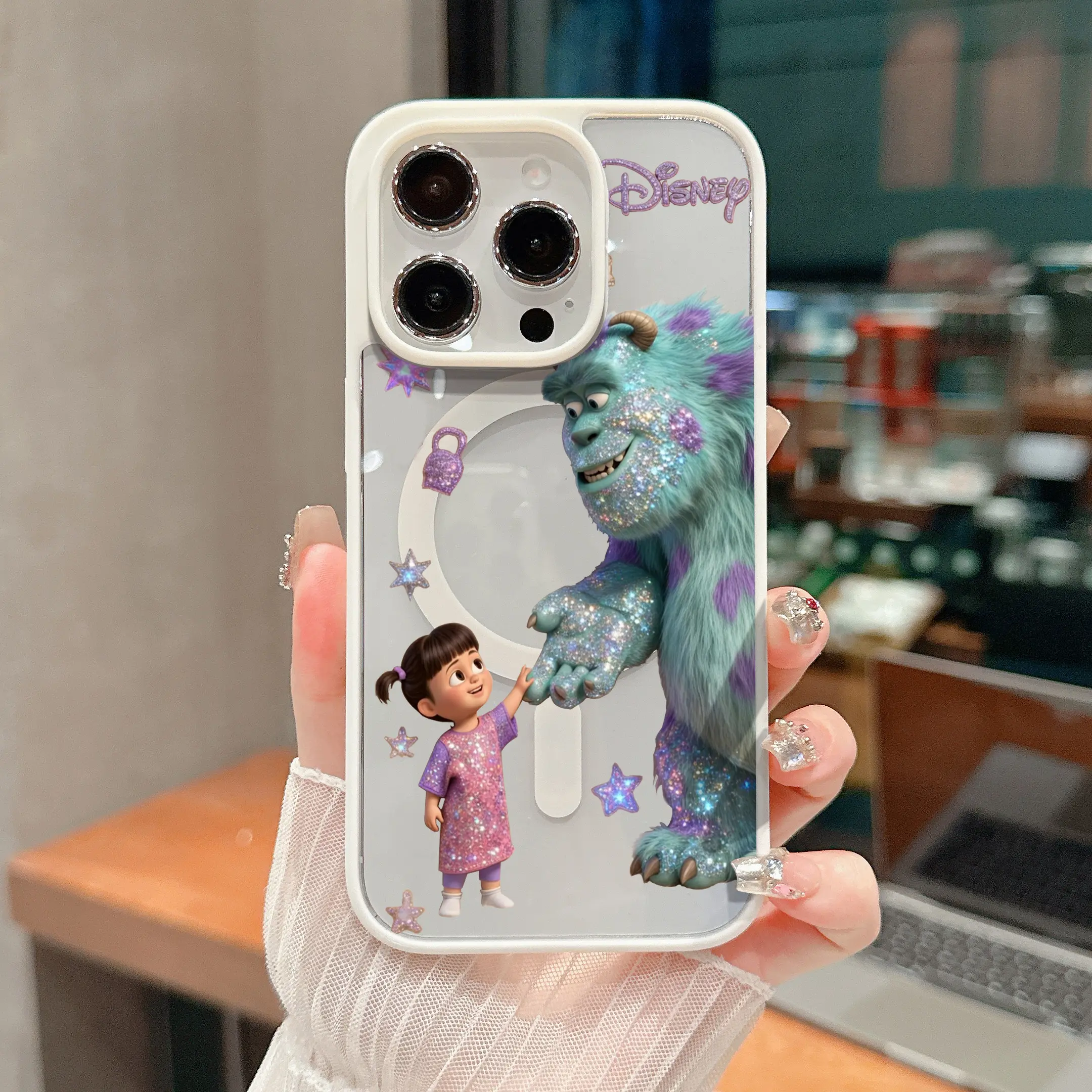 Glitter Fur Monster & Little Girl Star Print Magsafe White Frame Clear Phone Case Compatible with iPhone 17 ProMax / 16 ProMax / 15 ProMax / 14 ProMax / 13 ProMax and Samsung Galaxy S26 Ultra / S25 Ultra / S24 Ultra / S23 Ultra / S22 Ultra