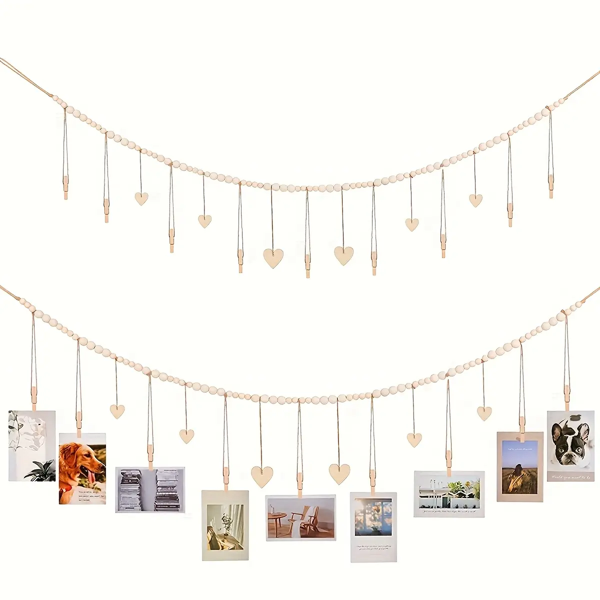 2 Pack Durable Bohemian Wall Hanging Photo Display Garland with 9 Clips 6 Heart Tags, Bow Storage Photo Frame Ornaments for Home Bedroom Living Room Decor, Gift for Birthday Valentine's Mother's Teacher Appreciation Day