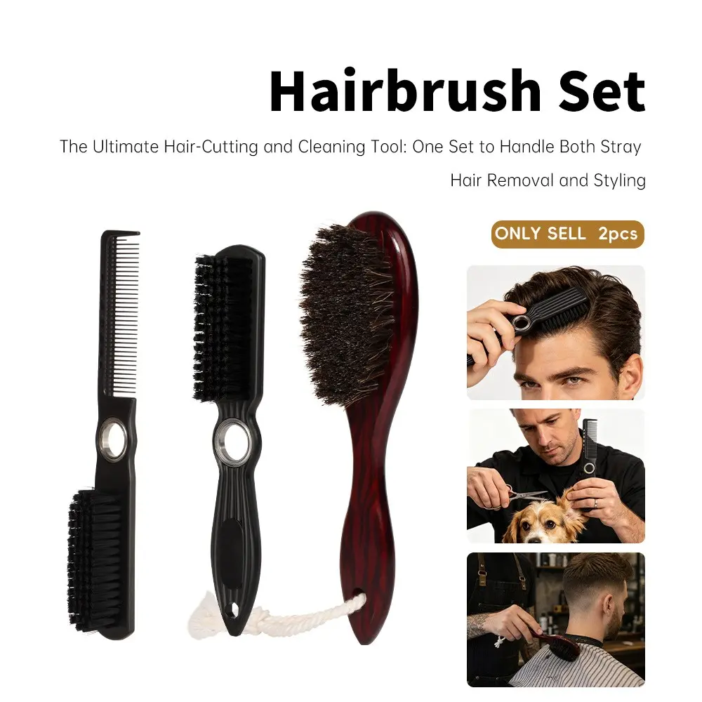 Men's Barber Comb Brush Set, 2-Piece Haircut Cleanup Tool, Mustache Sideburn Oil Styling, Salon Home Use Grooming Kit