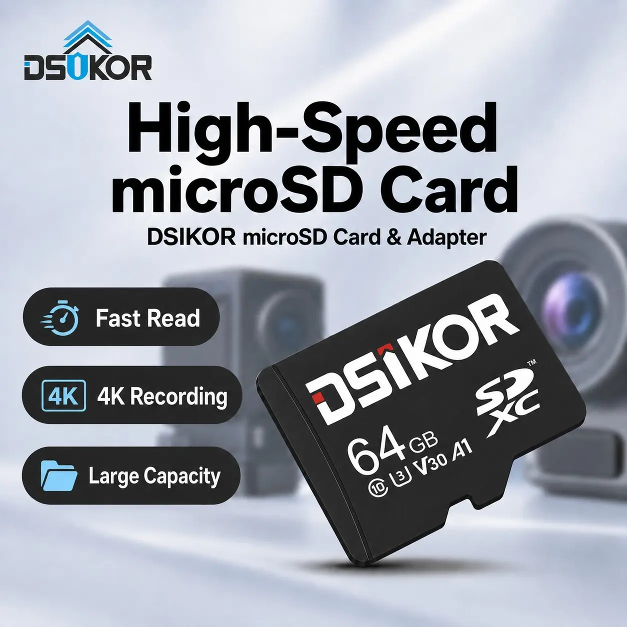 DSIKOR 64GB MicroSD Card, High-Speed Storage for Digital/Security Cameras,Camera, game machine, Smartphones, Speakers, Cameras, Tablets, GoPRO,Drones, Affordable Accessories