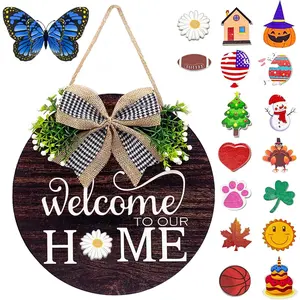 Interchangeable Seasonal Welcome Sign Front Door Decorations, Round Wood Wreath  Outdoor, Farmhouse, Porch Perfect  New Home Housewarming Gift, Valentine's, Easter, Christmas Home Decor