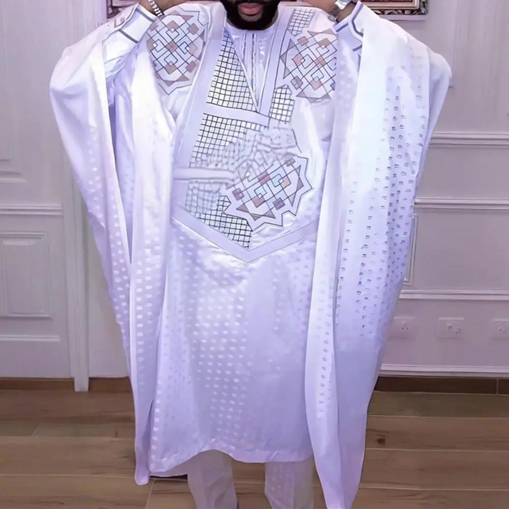 3 PCS Set African Clothes for Men Dashiki Tradition Outfit Robe Embroidery Tops Pants Suits Bazin Muslim Wedding Party Clothing
