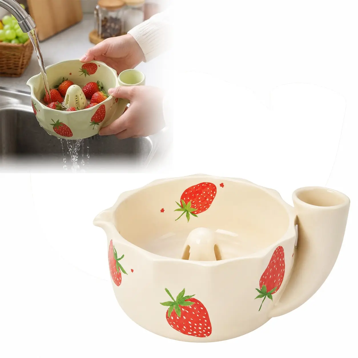 Strawberry Print Ceramic Swirl Rinse Bowl, Fruit Drainer Basket/cleaner/serving Tray, Non-Slip Pad Included, Berry Washing Tool