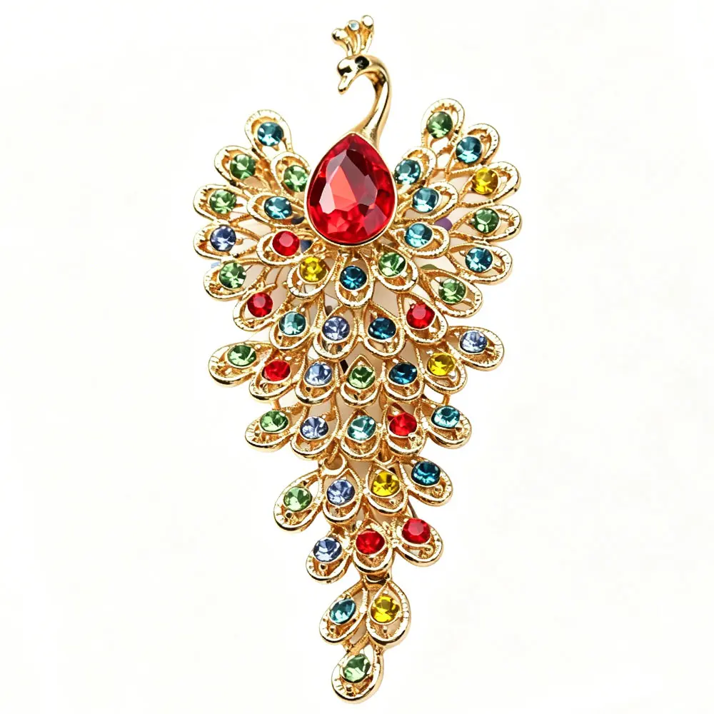 Luxury Large Peacock Feather Brooch Rhinestone Pin Vintage Elegant Dress Corsage